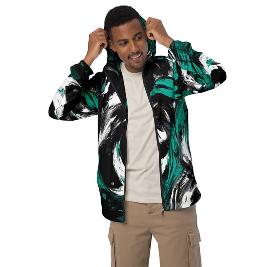 Mens Hooded Windbreaker Jacket - Black Green White Abstract Pattern