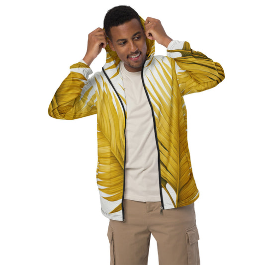 Mens Hooded Windbreaker Jacket - Yellow Palm Leaves