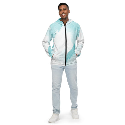 Mens Hooded Windbreaker Jacket - Subtle Abstract Ocean Blue and White