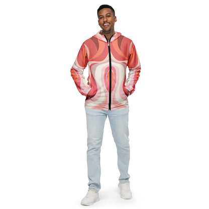 Mens Hooded Windbreaker Jacket - Pink White Boho Swirl Lines