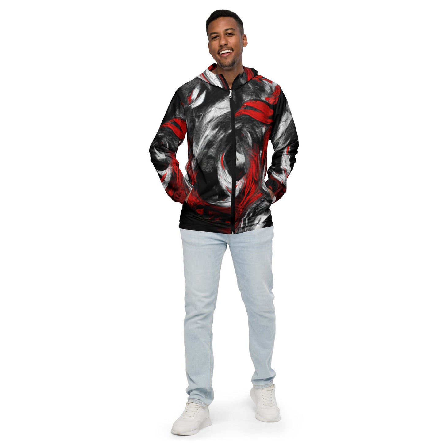 Mens Hooded Windbreaker Jacket - Decorative Black Red White Abstract