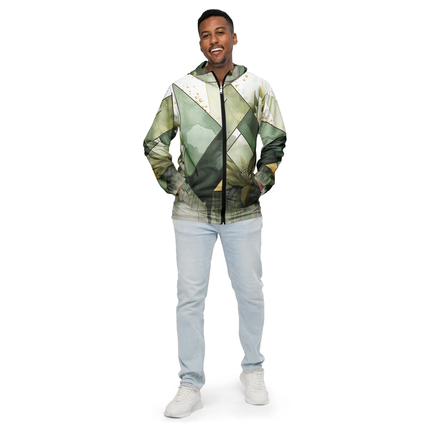 Mens Hooded Windbreaker Jacket - Olive Green Mint Leaf Geometric Print