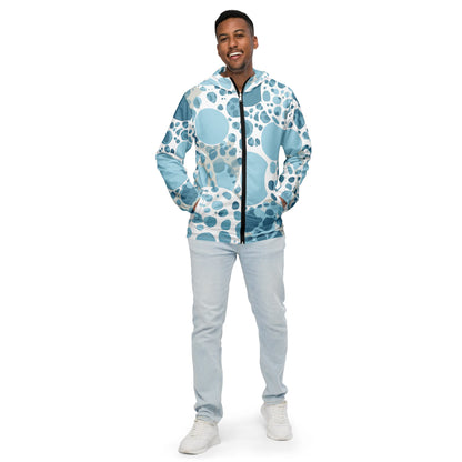 Mens Hooded Windbreaker Jacket - Blue and White Circular Spotted