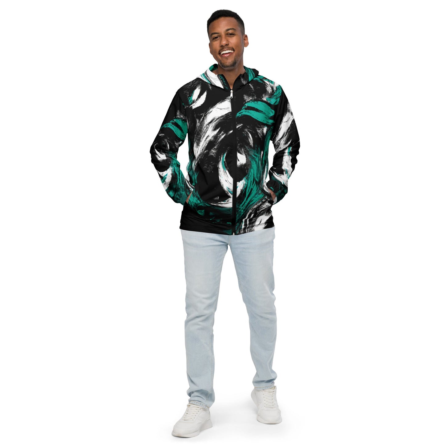 Mens Hooded Windbreaker Jacket - Black Green White Abstract Pattern