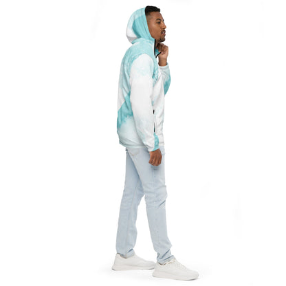 Mens Hooded Windbreaker Jacket - Subtle Abstract Ocean Blue and White