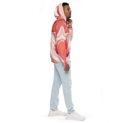 Mens Hooded Windbreaker Jacket - Pink White Boho Swirl Lines