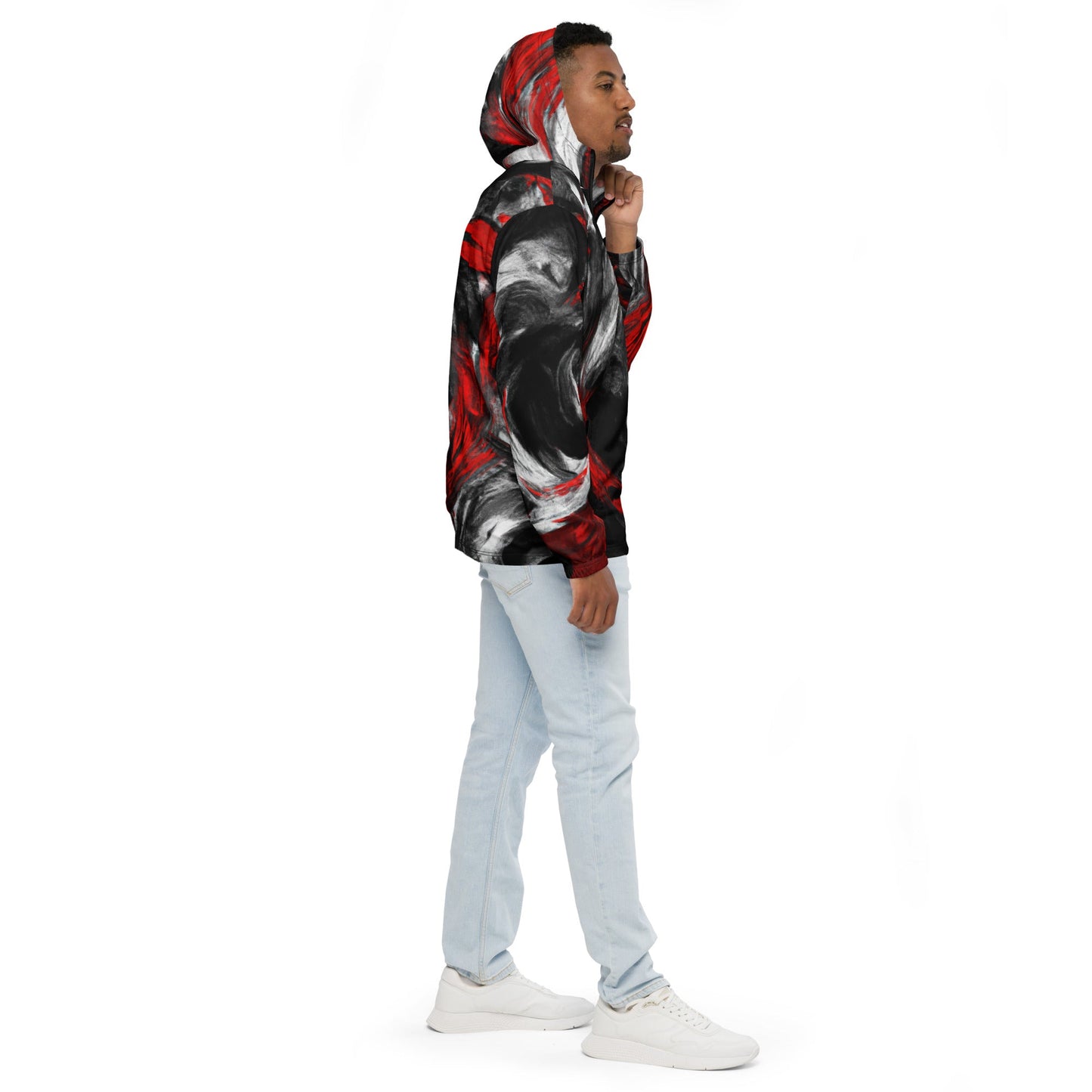 Mens Hooded Windbreaker Jacket - Decorative Black Red White Abstract