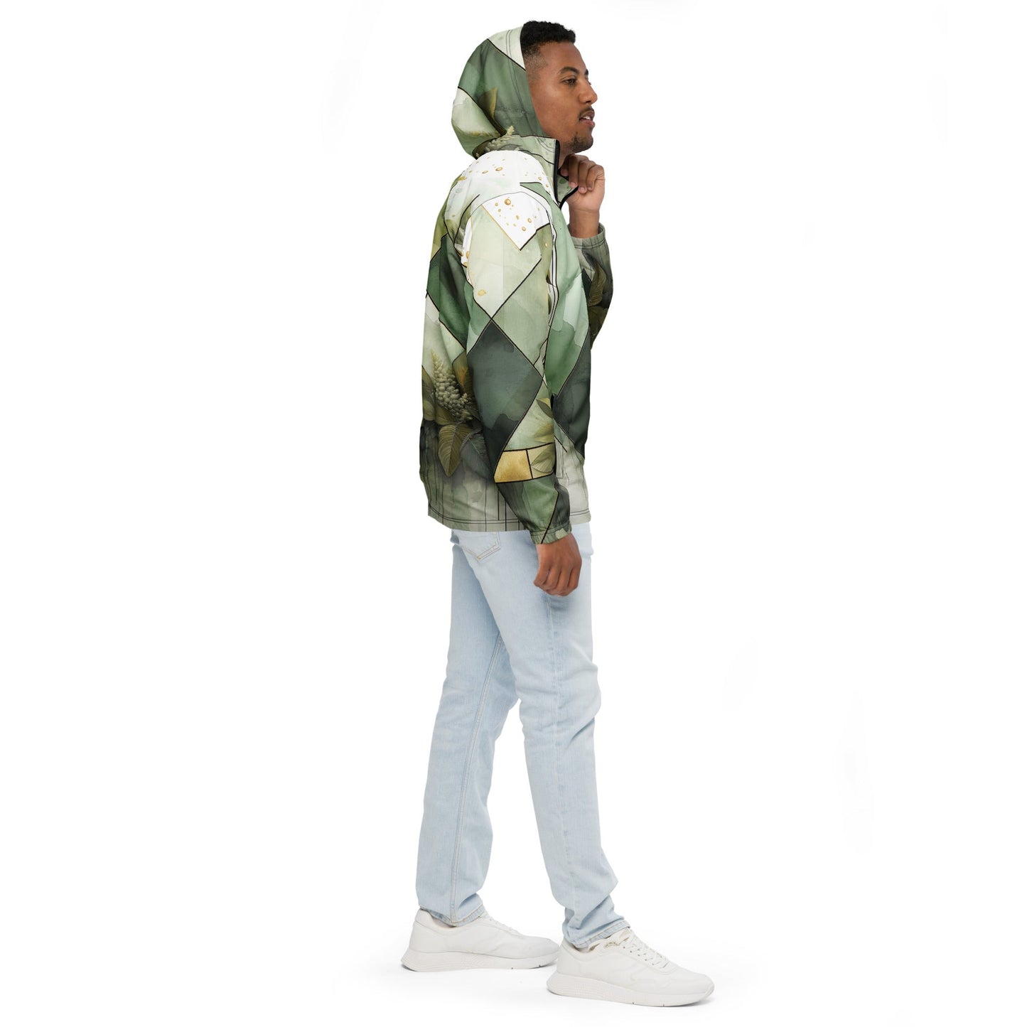 Mens Hooded Windbreaker Jacket - Olive Green Mint Leaf Geometric Print