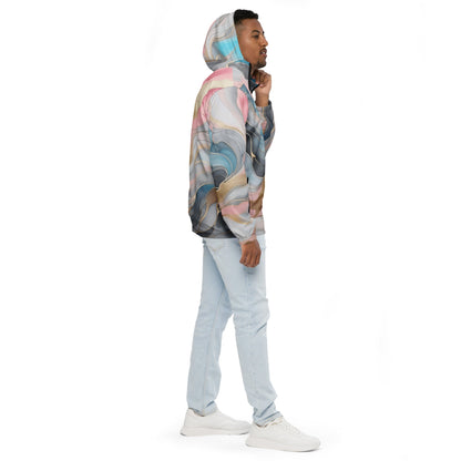 Mens Hooded Windbreaker Jacket - Marble Cloud of Grey Pink Blue 82395