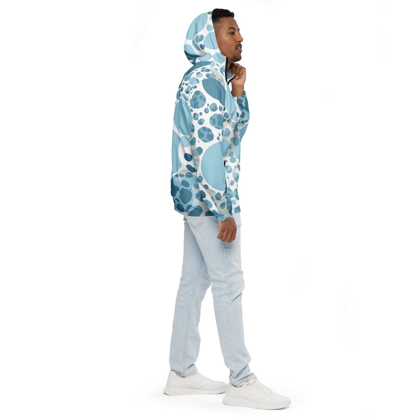 Mens Hooded Windbreaker Jacket - Blue and White Circular Spotted