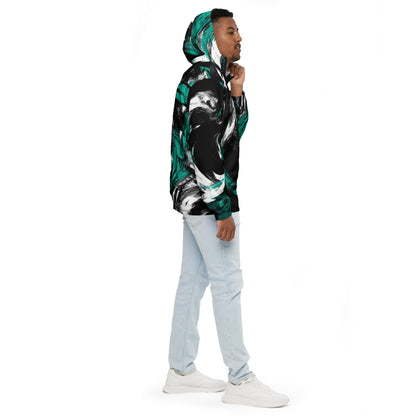 Mens Hooded Windbreaker Jacket - Black Green White Abstract Pattern