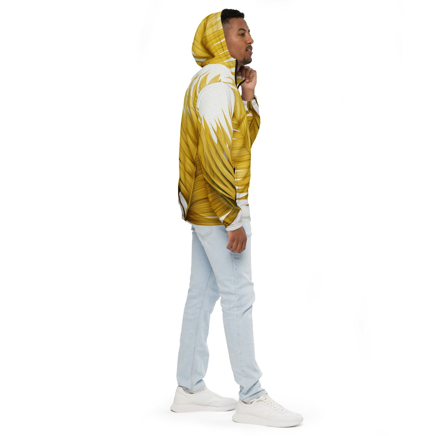 Mens Hooded Windbreaker Jacket - Yellow Palm Leaves