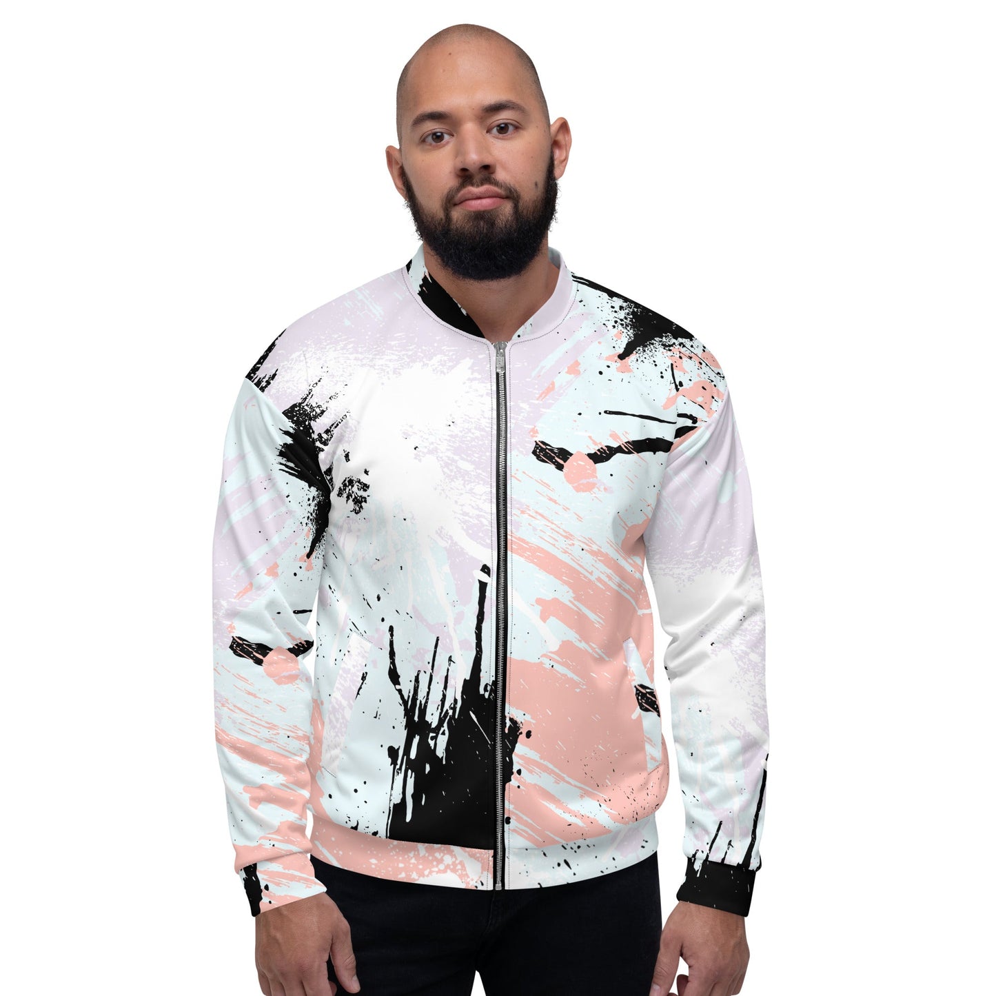 Mens Bomber Jacket - Pink Black Abstract Print