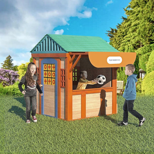 Outdoor Playhouse for Age 3-8 Years Boy Girl, Wooden Cottage Playhouse