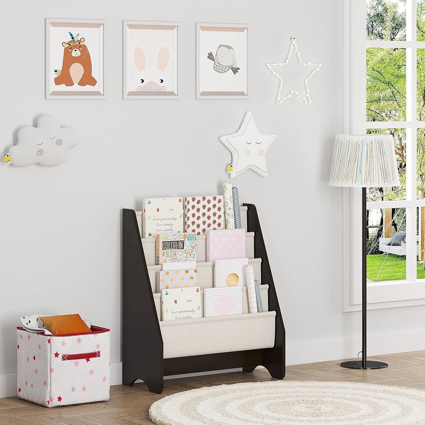 Kids Sling Bookshelf - Kids Magazine Rack with Organizer, Book