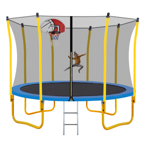 12FT Trampoline for Kids with Safety Enclosure Net Basketball Hoop