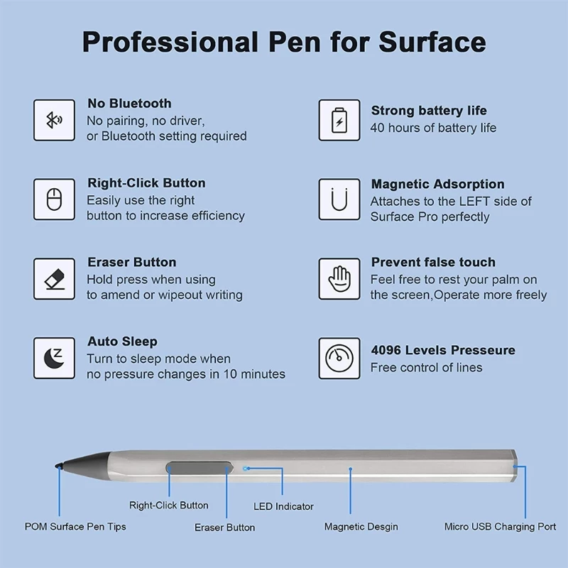 Stylus Pen 4096 Pressure  For Surface Pro 5 6 7 Go Book Laptop