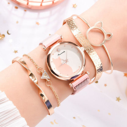 Women Fashion Watch Set 5Pcs Quartz Wristwatch Mesh Bracelet Cat Dial