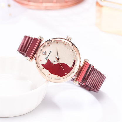 Women Fashion Watches Set 5Pcs Quartz Wristwatch Mesh Belt Cat Dial