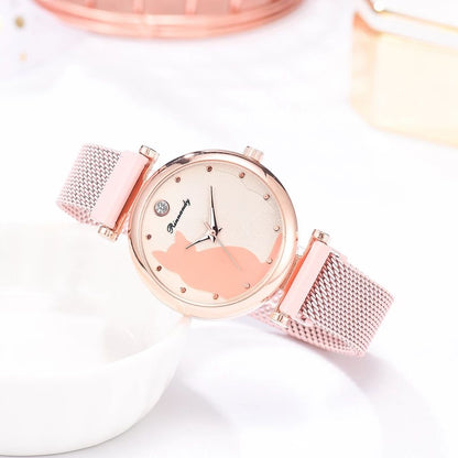 Women Fashion Watch Set 5Pcs Quartz Wristwatch Mesh Bracelet Cat Dial