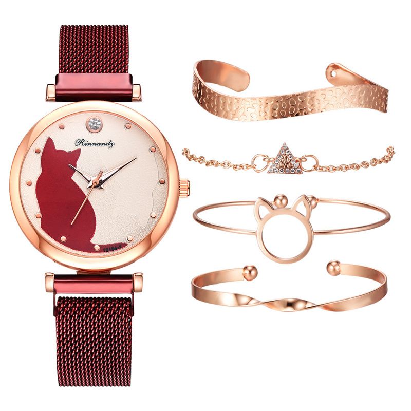 Women Fashion Watches Set 5Pcs Quartz Wristwatch Mesh Belt Cat Dial