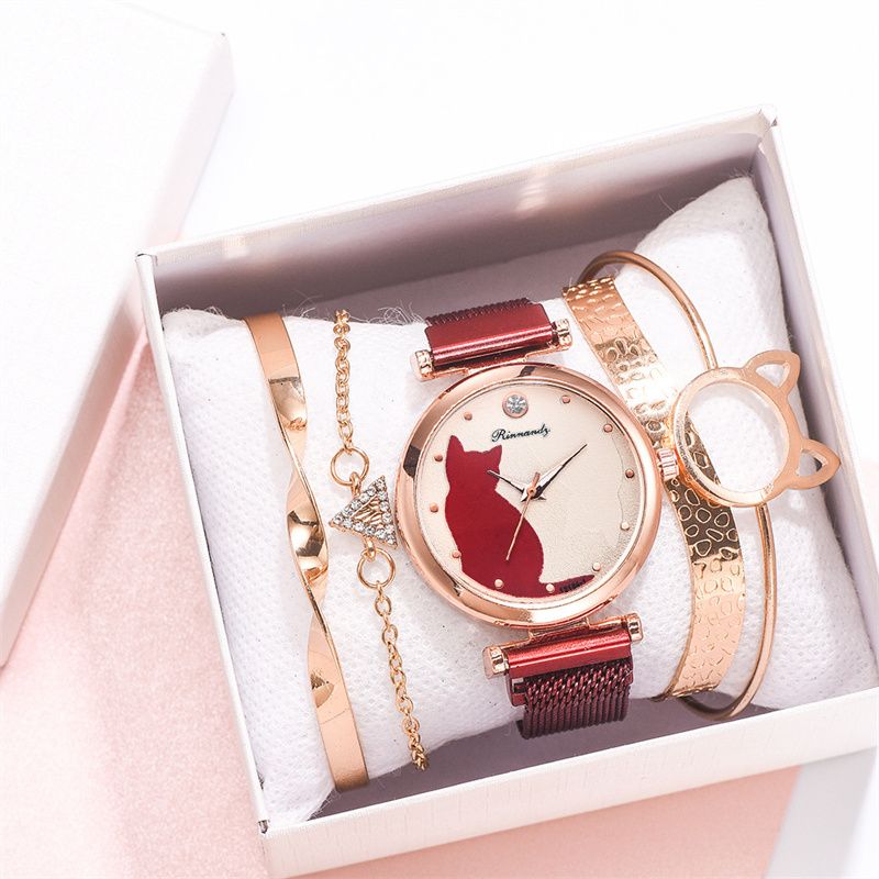 Women Fashion Watches Set 5Pcs Quartz Wristwatch Mesh Belt Cat Dial