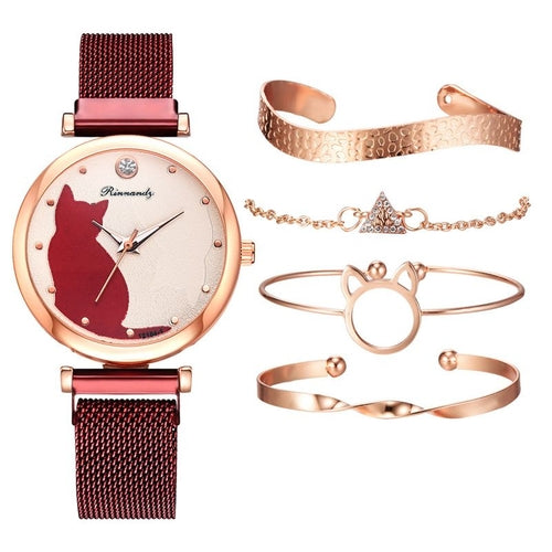 Women Fashion Watches Set 5Pcs Quartz Wristwatch Mesh Belt Cat Dial