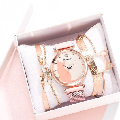 Women Fashion Watch Set 5Pcs Quartz Wristwatch Mesh Bracelet Cat Dial