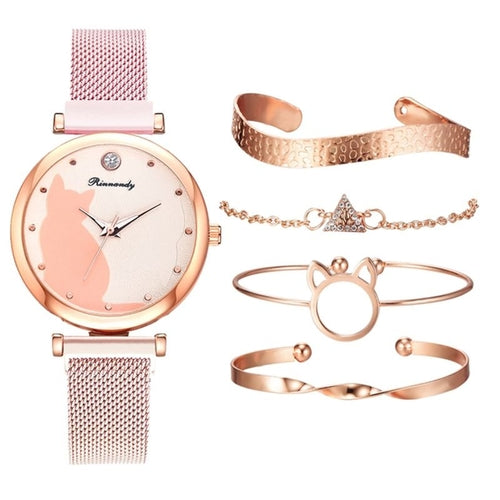 Women Fashion Watch Set 5Pcs Quartz Wristwatch Mesh Bracelet Cat Dial