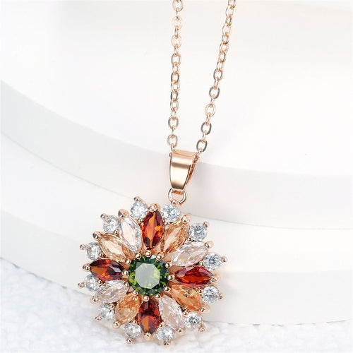 Elegant Temperament Colorful Zircon Flower Women's Pendant Necklace