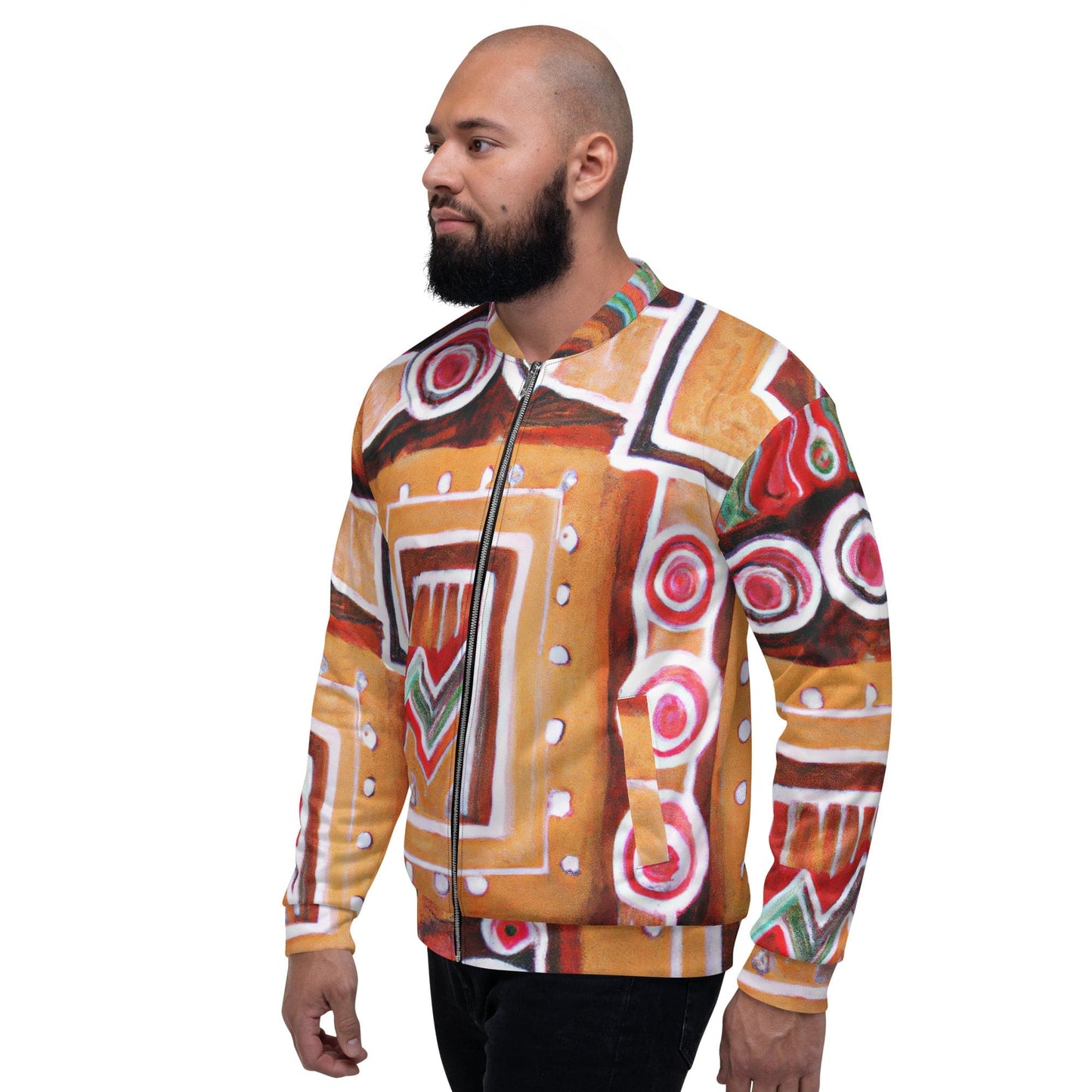 Mens Bomber Jacket - Brown Orange Green Aztec Pattern 2