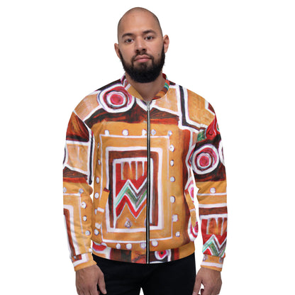 Mens Bomber Jacket - Brown Orange Green Aztec Pattern 2