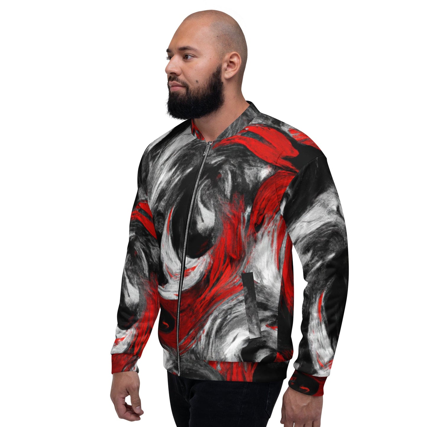 Mens Bomber Jacket - Decorative Black Red White Abstract Seamless 2