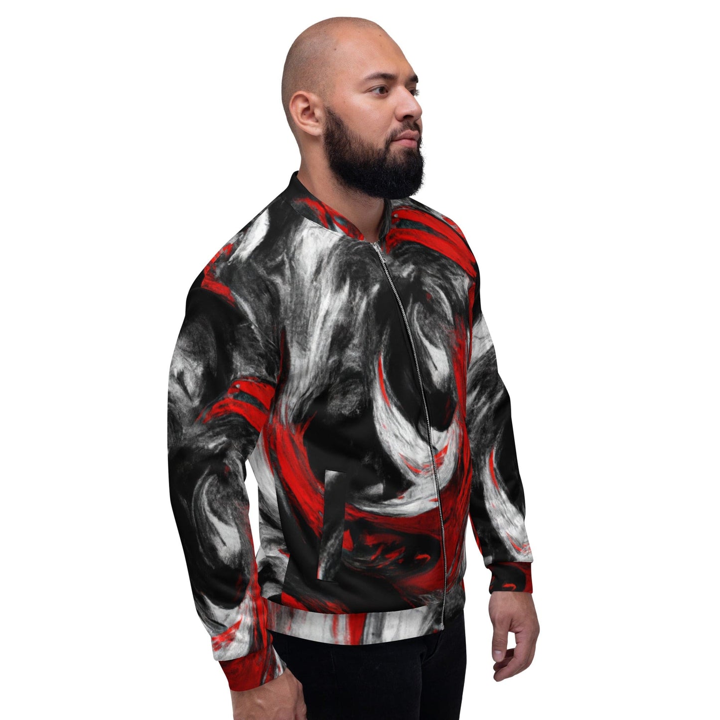 Mens Bomber Jacket - Decorative Black Red White Abstract Seamless 2