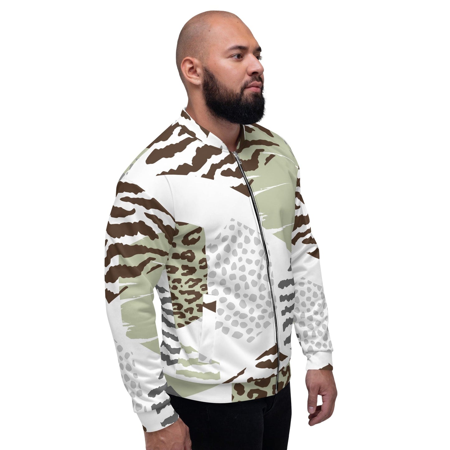 Mens Bomber Jacket - Brown Green Grey Geometric Hexagon Print