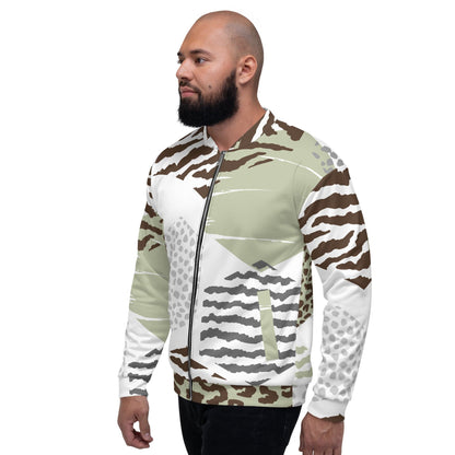 Mens Bomber Jacket - Brown Green Grey Geometric Hexagon Print