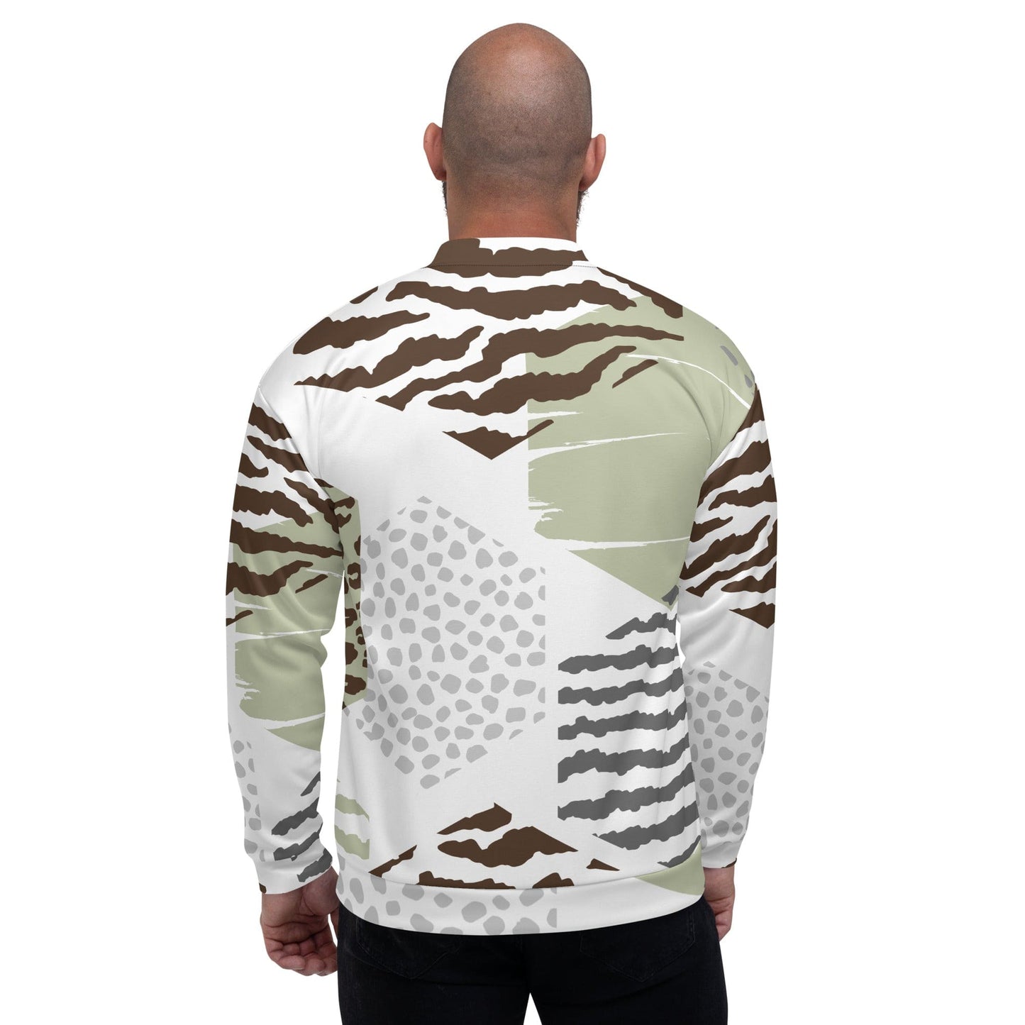 Mens Bomber Jacket - Brown Green Grey Geometric Hexagon Print