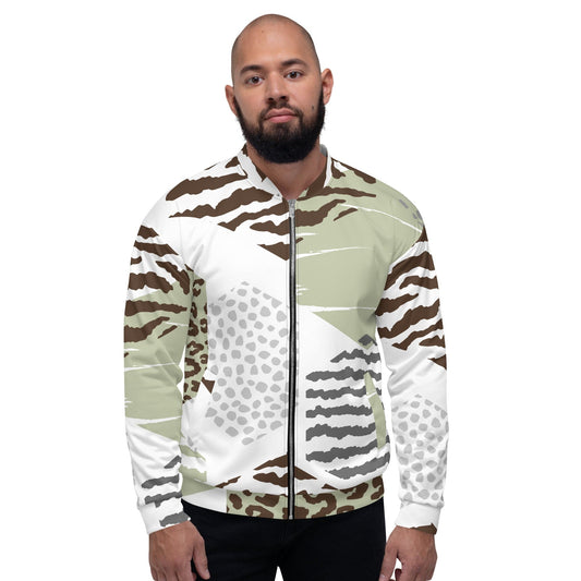 Mens Bomber Jacket - Brown Green Grey Geometric Hexagon Print