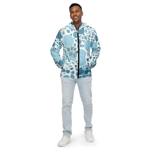 Mens Hooded Windbreaker Jacket - Blue and White Circular Spotted