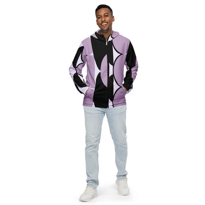 Mens Hooded Windbreaker Jacket - Geometric Lavender and Black Pattern