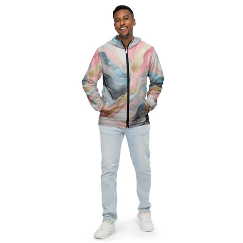 Mens Hooded Windbreaker Jacket - Marble Cloud of Grey Pink Blue 82395