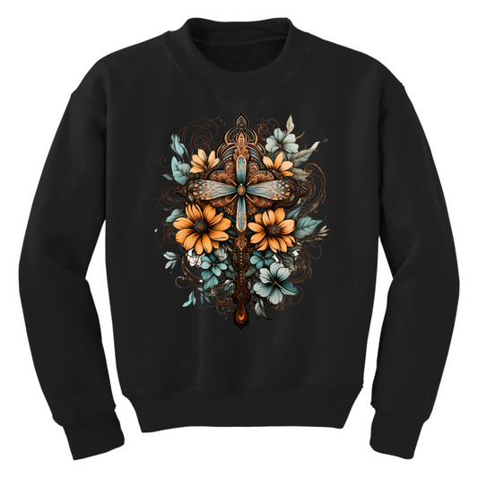 Youth Graphic Sweatshirt - Christian Cross Floral Bouquet Brown