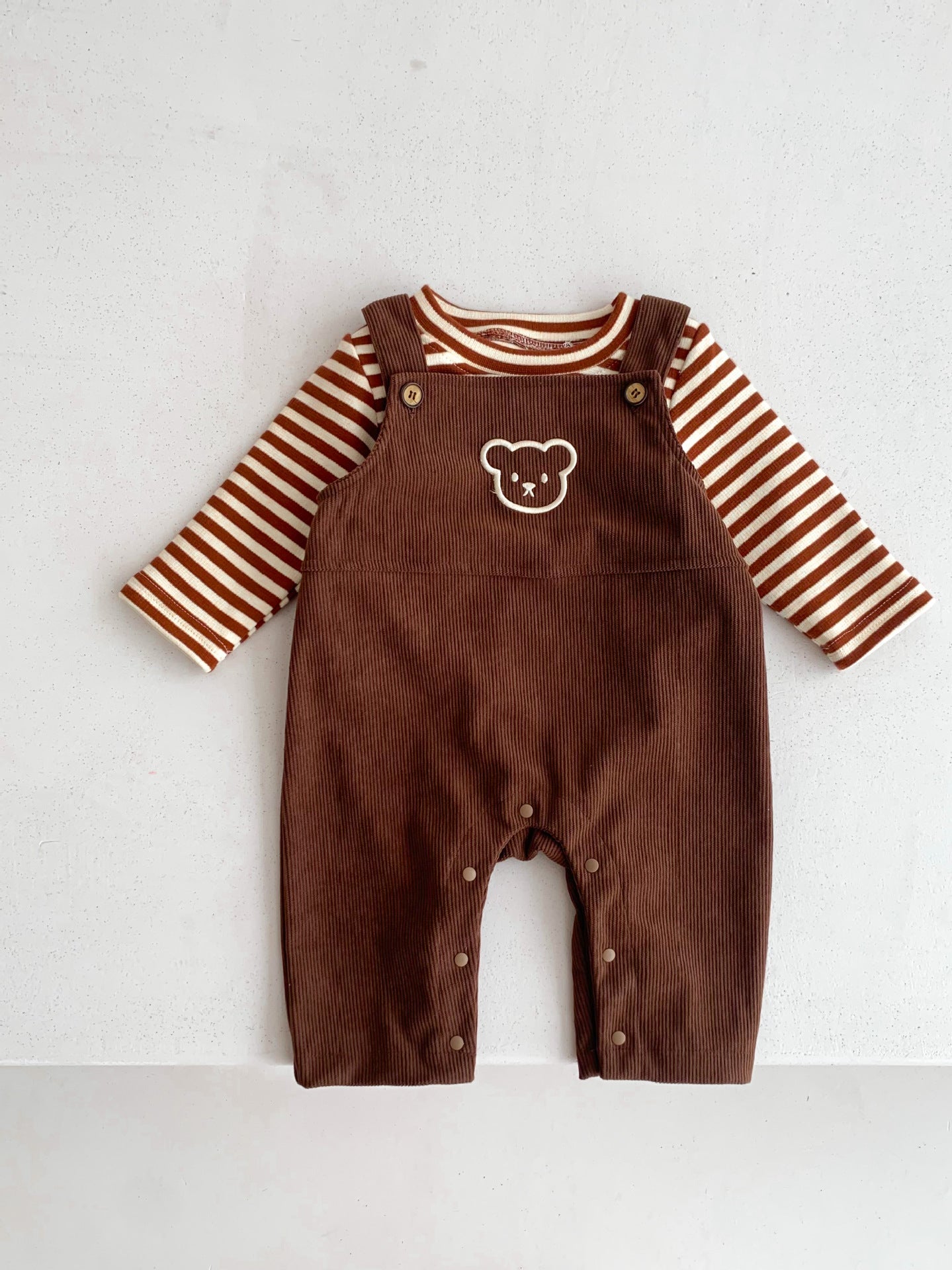 Infant Baby Unisex Bear Head Corduroy Combo Overalls In Sets