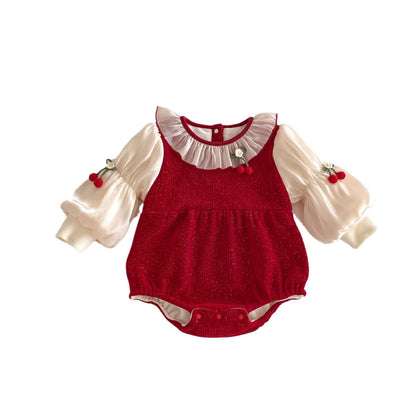 Winter Arrival Baby Girls Cute Cherry Attached Color Patchwork Long