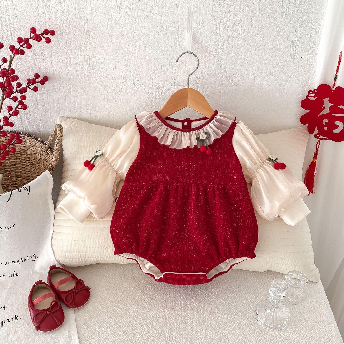 Winter Arrival Baby Girls Cute Cherry Attached Color Patchwork Long