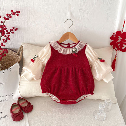 Winter Arrival Baby Girls Cute Cherry Attached Color Patchwork Long