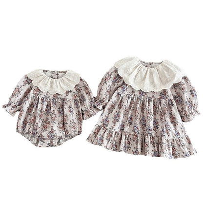 Spring Baby Girls French-style Floral Printed Long-sleeved Onesies and