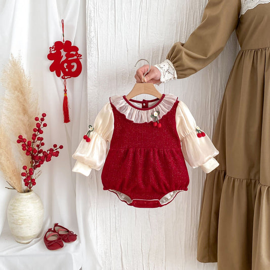 Winter Arrival Baby Girls Cute Cherry Attached Color Patchwork Long