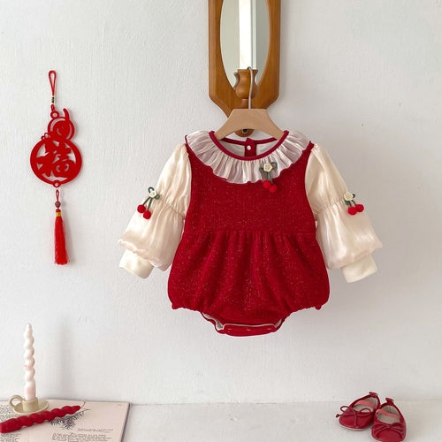 Winter Arrival Baby Girls Cute Cherry Attached Color Patchwork Long