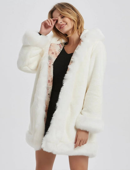 Womens Hooded Faux Fur Collar Coat